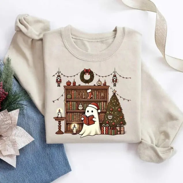Christmas Ghost Book Sweatshirt, Cute Christmas Ghost Sweater, Ghost Reading Book,Christmas Books Shirt,Christmas...