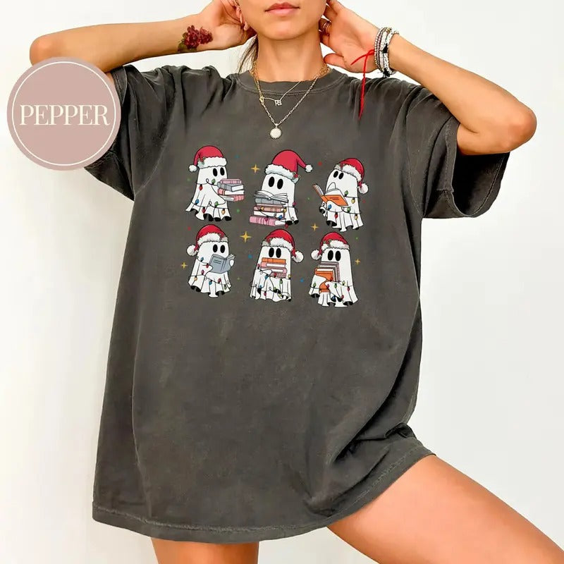 Christmas Ghost Book Sweatshirt, Ghost Santa Reading Book T-Shirt, Book Club Christmas Sweater, Bookworm Ghost Shirt,...