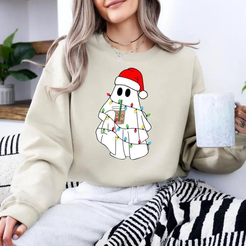 Christmas Ghost Sweatshirt, Christmas Hoodie, Ghost Hoodie, Christmas gift, Coffee Sweatshirt, Boba Ghost Hoodie, Winter...