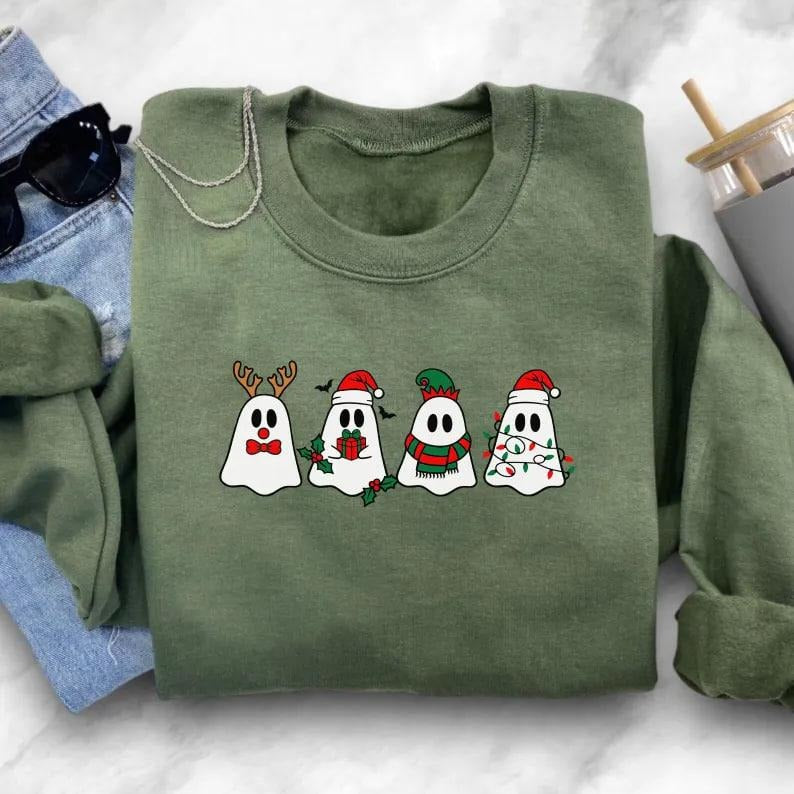 Christmas Ghosts Crewneck Sweatshirt, Ghost Sweatshirt, Spooky Christmas Sweatshirt, Cute Halloween Christmas Mashup...