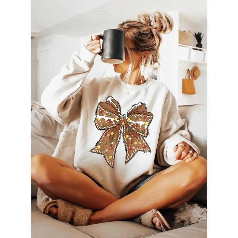 Christmas Gingerbread Coquette Bow Sweatshirt for Women, Christmas Gift, Unisex Cotton Womenswear Sweater T-Shirts, Hoodie