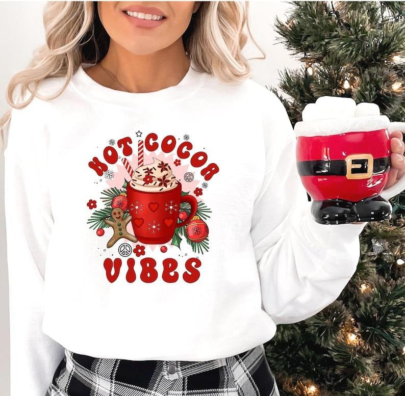 Christmas Hot Cocoa Vibes Sweatshirt, Xmas Sweatshirt, Festive Winter Holiday Sweatshirt, Funny Hot Chocolate Hoodie,...