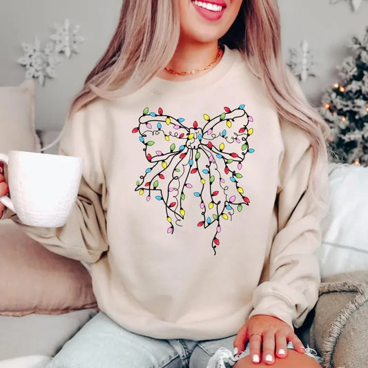 Christmas Light Coquette Bow Sweatshirt, Christmas Shirt, Christmas Lights Shirt, Cute Christmas Shirts, Holiday Shirt,...