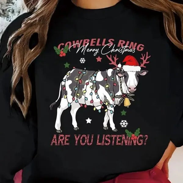 Christmas Lights Milky Cow Print Round Neck Pullover Sweatshirt, Country Life, Cowgirl, Cowboy Christmas Shirt, Milky Cow...