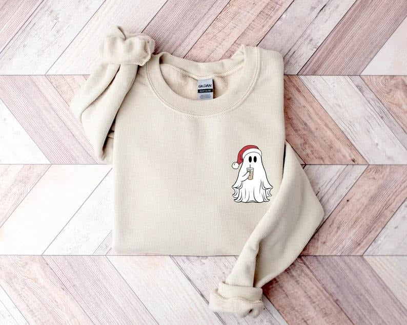 Christmas Little Ghost Ice Coffee Shirt, Ghost Sweatshirt, Cute Ghost Shirt, Christmas Pocket Size Ghost Sweatshirt,...
