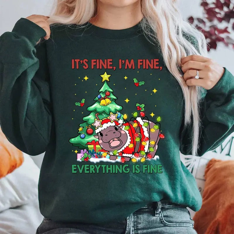Christmas Moodeng It's Fine I'm Fine Everything Is Fine Shirt Christmas Moo Deng Shirt Hippo Christmas Shirt Baby Hippo...