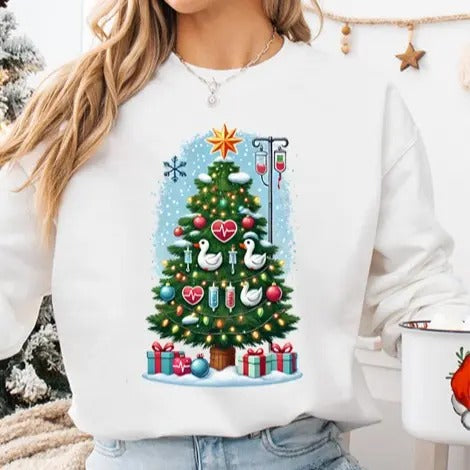 Christmas Nurse Sweatshirt: Festive Tree Design with Cute Silly Geese and Nurse-Themed Decorations, Merry Christmas...
