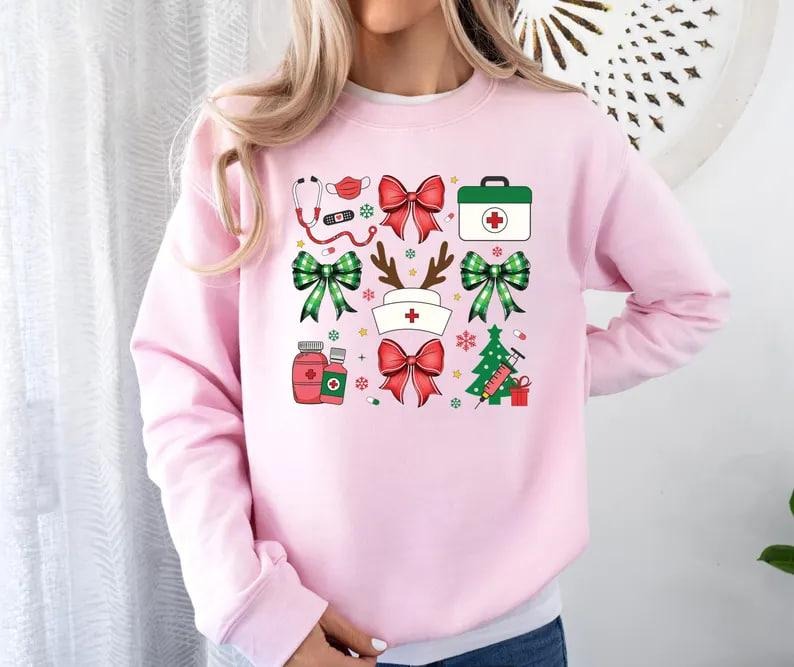 Christmas Nurse Sweatshirt, Nurse Coquette Bow Shirt, Nurse Sweatshirt, Xmas Coquette Bow Nurse Sweatshirt, Merry...