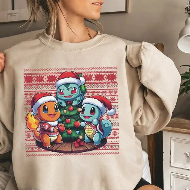 Christmas PKM Sweatshirt, Christmas Shirts for Anime Lovers,  Bulbasaur, Charizard, Turtle Hoodie | WearSparks.com