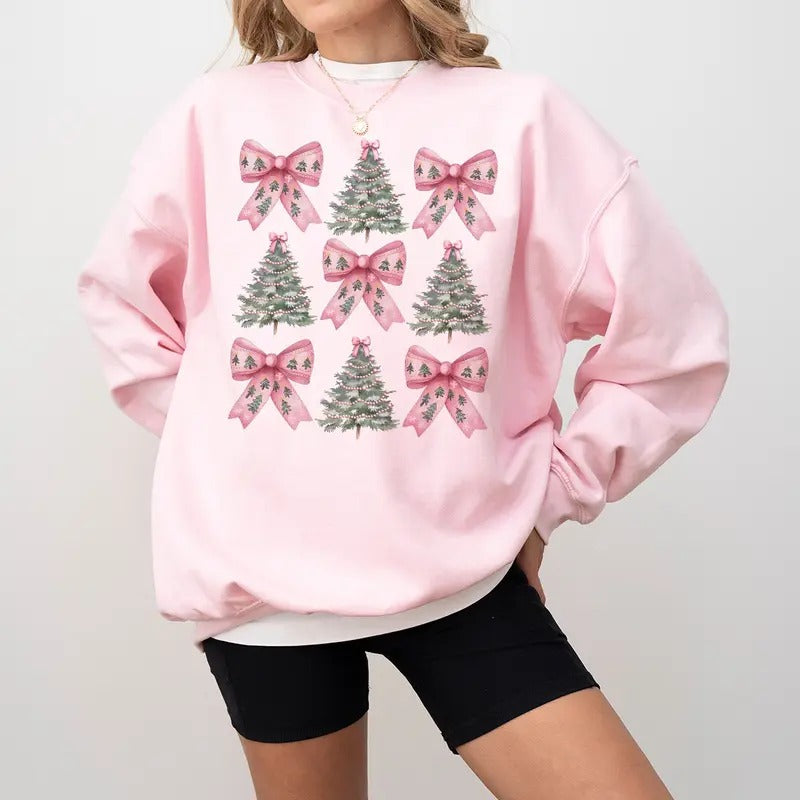Christmas Pink Bows Tree Sweatshirt, Christmas Coquette Bow Sweatshirt, Christmas Pink Bows Tree Sweater, Coquette Pink...