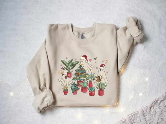Christmas Plant Lady Sweatshirt, Christmas Plant Ghost Shirt, Ghost Santa Sweater, Plant Lover Shirt, Christmas Gift,...