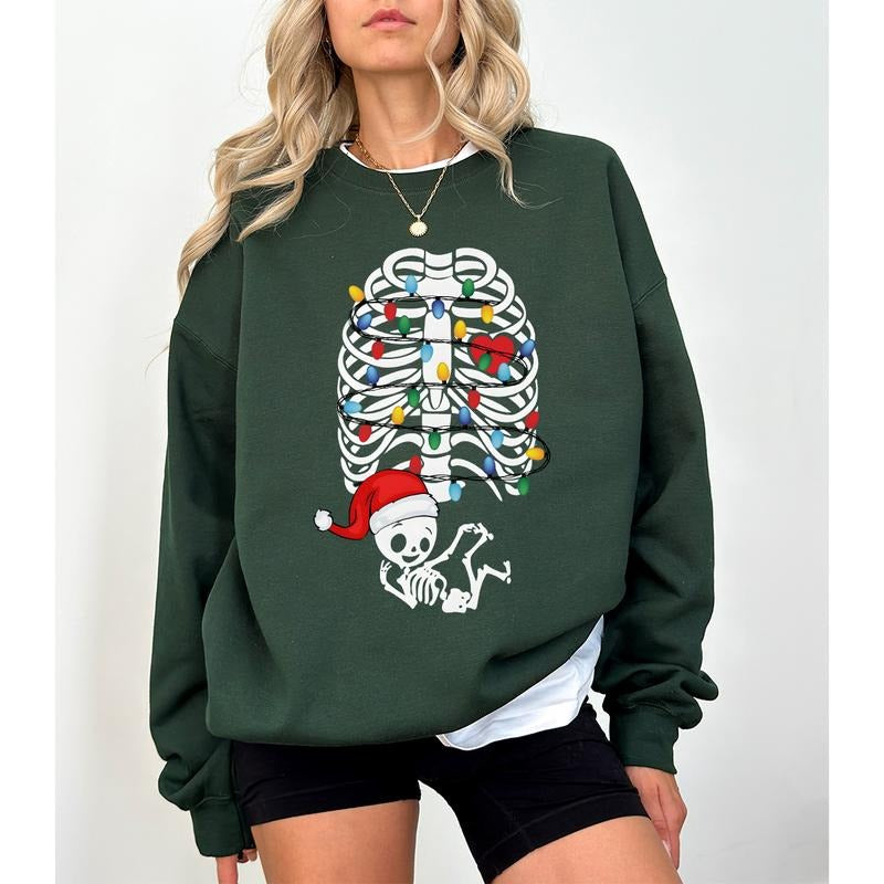 Christmas Pregnancy Announcement Sweatshirt, Maternity Christmas Sweater, Skeleton Pregnancy Reveal Expecting Mom To Be,...