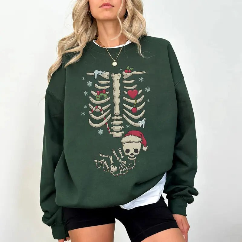 Christmas Pregnancy Announcement Sweatshirt, Maternity Christmas Sweater, Skeleton Pregnancy Reveal Expecting Mom To Be,...