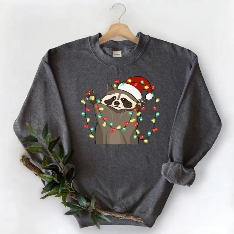 Christmas Racoon Sweatshirt, Funny Christmas Lights Raccoon Sweater, Happy Holiday Christmas Shirt, Christmas Racoon...