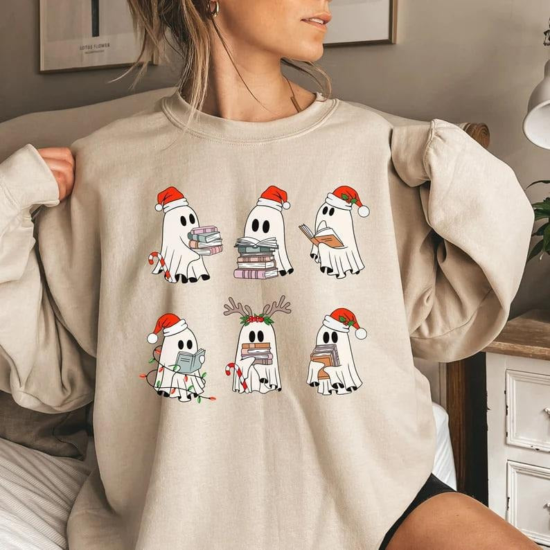Christmas Retro Ghosts Reading Books T-Shirts Sweatshirts, Teacher Librarian Christmas Gift Winter Season Trendy...