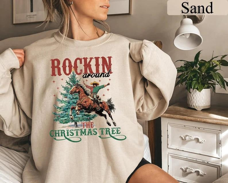 Christmas Retro Sweatshirt, Rockin Around The Christmas Tree Sweatshirt, Western Sweatshirt, Cowboy Christmas Sweatshirt,...