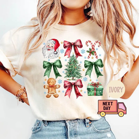 Christmas Santa Coquette Bow Candy Gingerbread T-shirt, Coquette Bow T-shirt, Christmas Trending Womens Shirt, Retro...