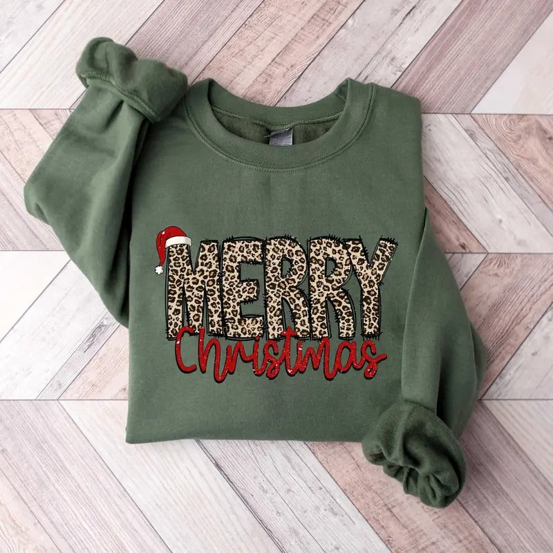 Christmas Shirt Merry Christmas Sweatshirt Leopard Printed Christmas Shirt Christmas Gift Shirt Women Leopard Christmas...