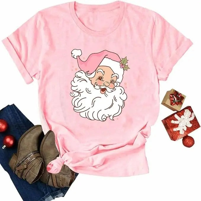 Christmas Shirts for Women Pink Santa T Shirt Retro Christmas Claus Graphic Tees Xmas Tops Hoodie, Sweatshirt