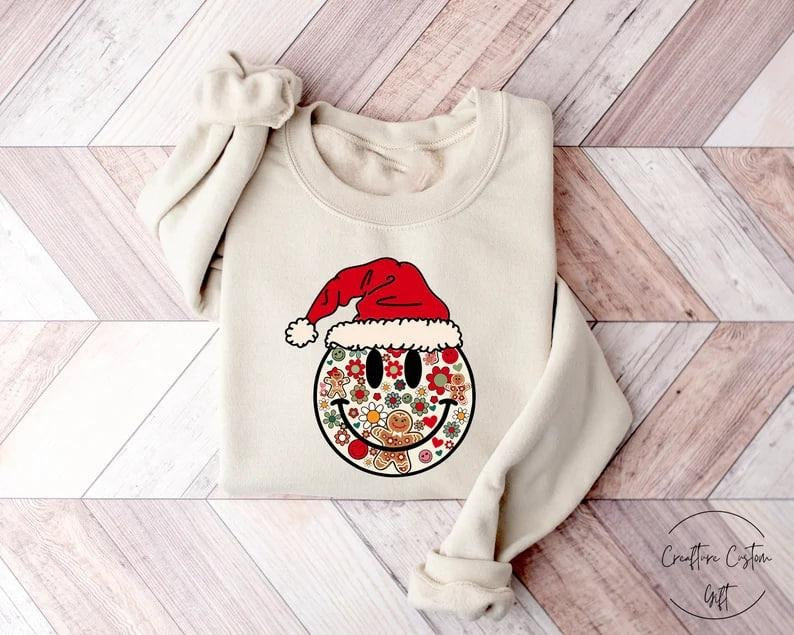 Christmas Smiley Face Sweatshirt, Retro Christmas Shirt, Happy Christmas Shirt, Smiley Face Shirt, Christmas Sweatshirt,...