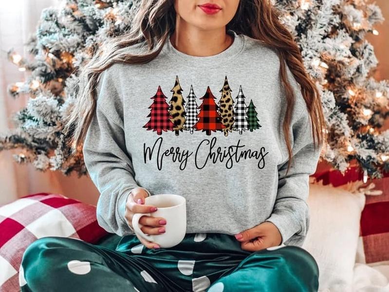 Christmas Sweatshirt - Merry Christmas Buffalo Plaid Trees Sweatshirt,Merry Christmas Hoodie ,Leopard Print Trees,...