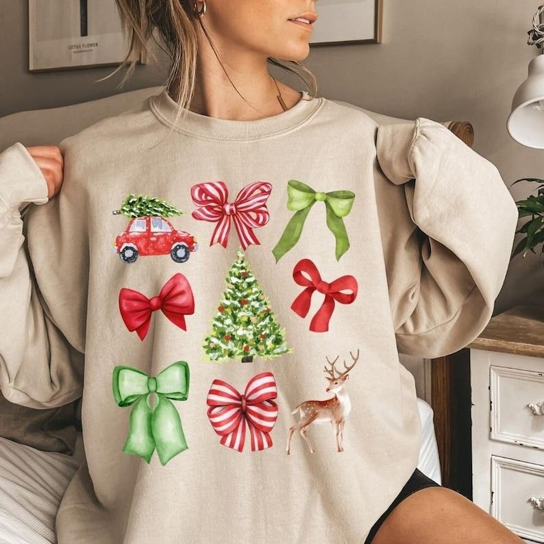 Christmas Sweatshirt Coquette Bows Girly Holiday Sweatshirt for Women & Girls Xmas Crewneck Sweatshirt Preppy Coquette...