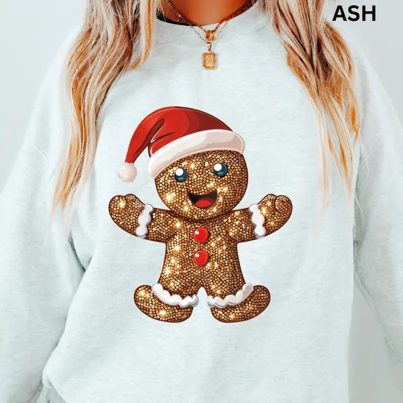 Christmas Sweatshirt, Glitter Faux Gingerbread Man Sweatshirt, Christmas Cookie Crewneck, Retro Casual Cotton Womenswear...