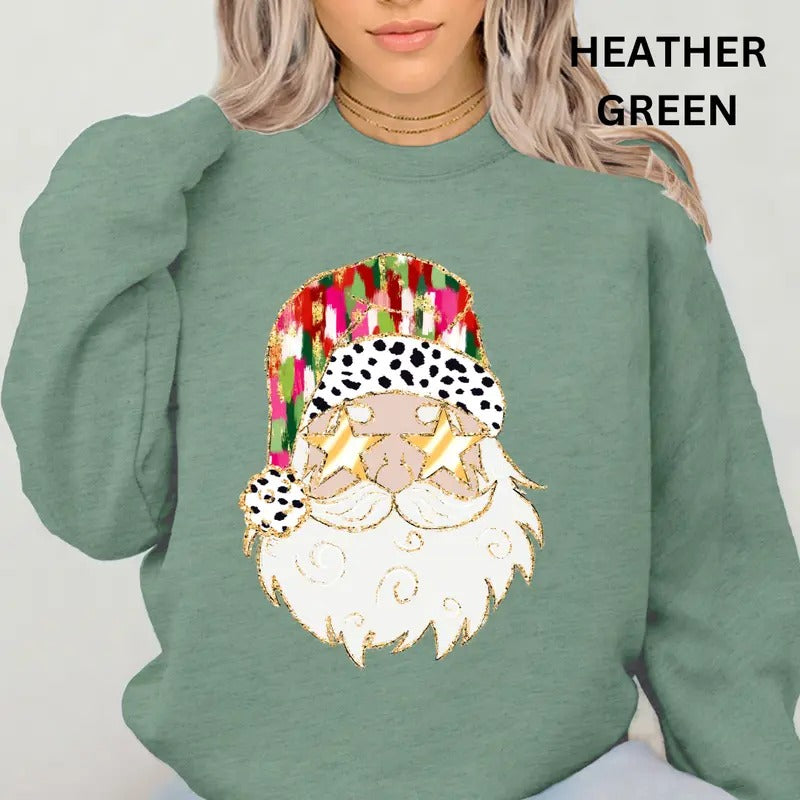 Christmas Sweatshirt, Glitter Faux Santa Sweatshirt, Christmas Santa Crewneck, Retro Casual Cotton Womenswear Pullover...