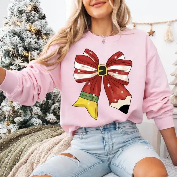 Christmas Teacher Shirt, Coquette Teacher Sweatshirt, Christmas Gift for Teacher, Teacher Bow Shirt, Unisex Shirt, Gift...
