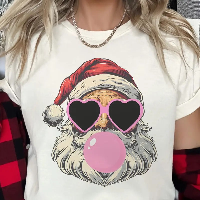 Christmas Tee Santa Christmas Tshirts Bubblegum Santa Christmas T-shirt Funny Santa Sunglasses Top Womens Christmas Tees...