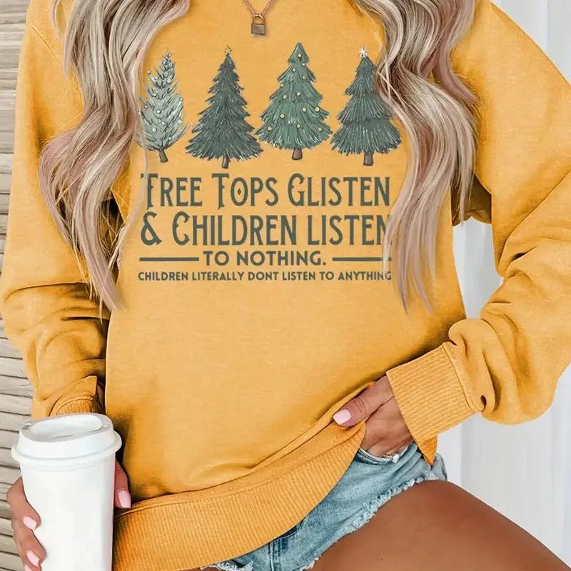 Christmas Tree & Letter Print Loose Sweatshirt, Casual Long Sleeve Crew Neck Sweatshirt, Women's Clothing T-Shirts, Hoodie