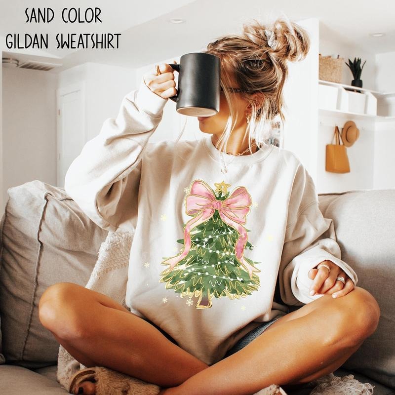 Christmas Tree Bow Shirt, Christmas Sweatshirt for Women, Christmas Tree Tshirt, Christmas Coquette Christmas Shirt Hoodie