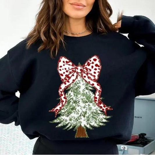 Christmas Tree Bow Shirt, Christmas Sweatshirt for Women, Toile Christmas Tree Shirt, Christmas Coquette Christmas Shirt,...