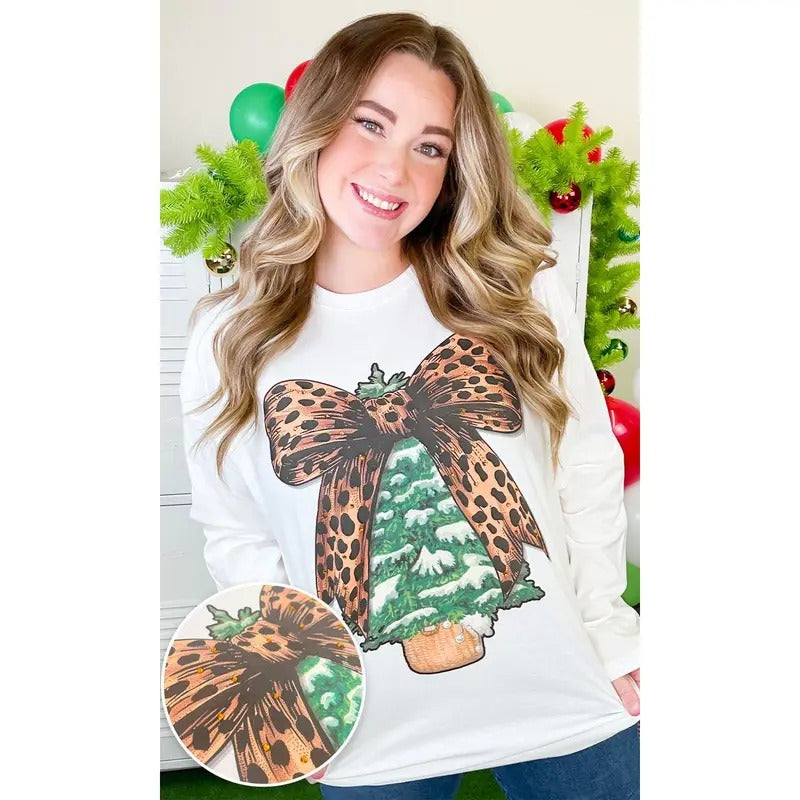 Christmas Tree Cheetah Bow Rhinestone Graphic Long Sleeve T-Shirt Hoodie, Sweatshirt | WearSparks.com