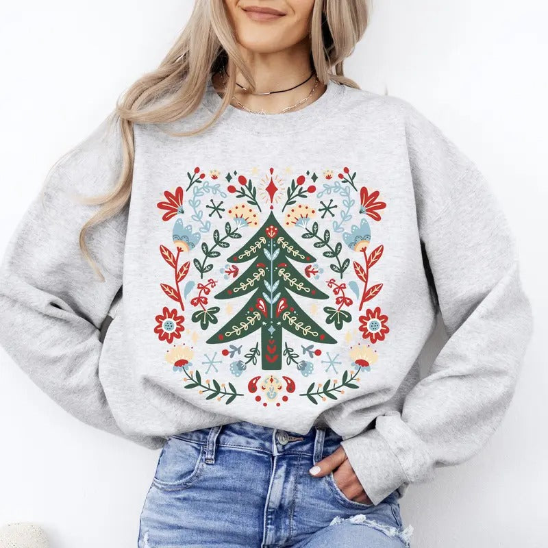 Christmas Tree Folk Art, Scandinavian, Classic, Santa, Floral Sweatshirt, Crew Neck, Women's, Crewneck T-Shirts, Hoodie