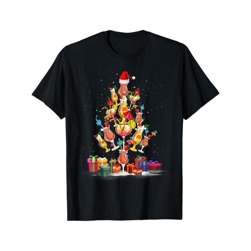 Christmas Tree Print Men's Cotton T-shirt, Graphic Tee Men's Xmas Outdoor Clothes, Men's Clothing, Casual Short Sleeve...