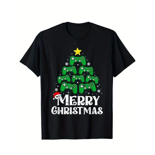Christmas Tree Print Men's Cotton T-shirt, Graphic Tee Men's Xmas Outdoor Clothes, Men's Clothing, Casual Short Sleeve...