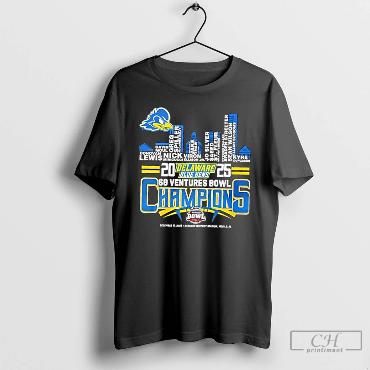 Classic 2025 68 Ventures Bowl Champions Delaware Blue Hens All Names City Skyline T Shirts Hoodie, Sweatshirt