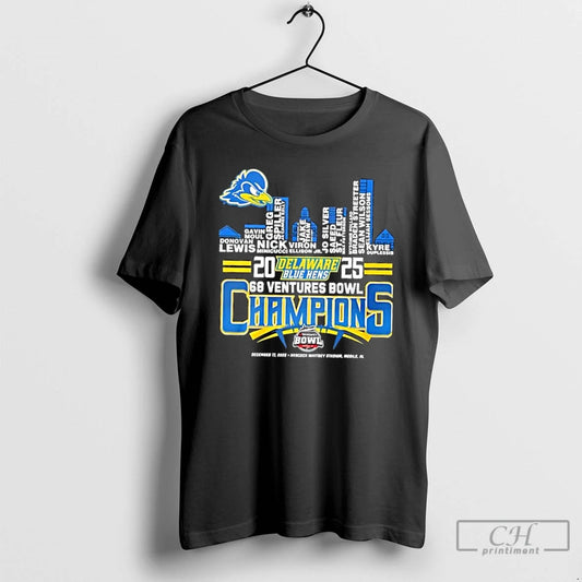 Classic 2025 68 Ventures Bowl Champions Delaware Blue Hens All Names City Skyline T Shirts Hoodie, Sweatshirt