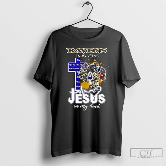 Classic Baltimore Ravens In My Veins Jesus In My Heart Features A Football Player Logos T-Shirts, Hoodie, Sweatshirt