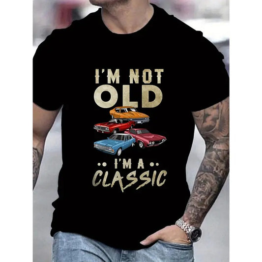 Classic Car Pattern Print Tee - Men's Crew Neck Short Sleeve T-Shirt for Summer Fashion, Casual Street Wear, and Vintage...