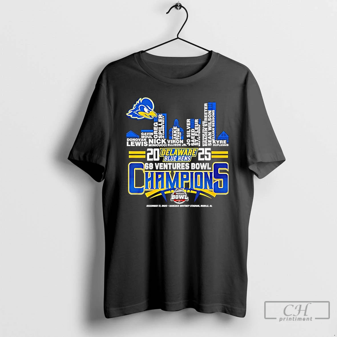 Classic Delaware Blue Hens 2025 68 Ventures Bowl Champions Player Name Skyline T Shirts Sweater Hoodie, Sweatshirt