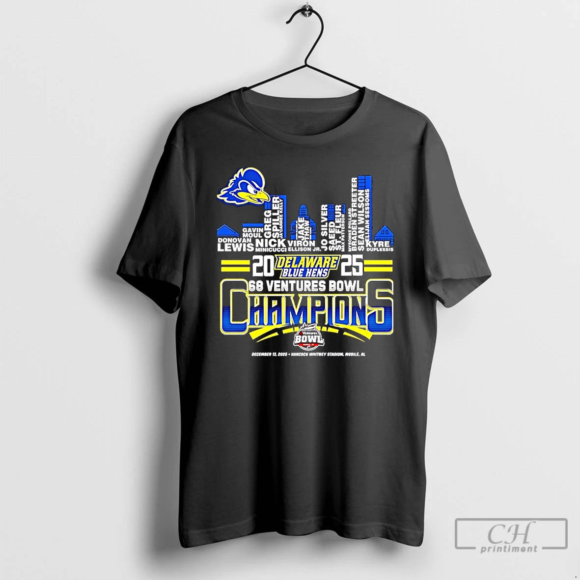 Classic Delaware Fightin Blue Hens 2025 68 Ventures Bowl Champions Players Names City Skyline T-Shirts, Hoodie, Sweatshirt