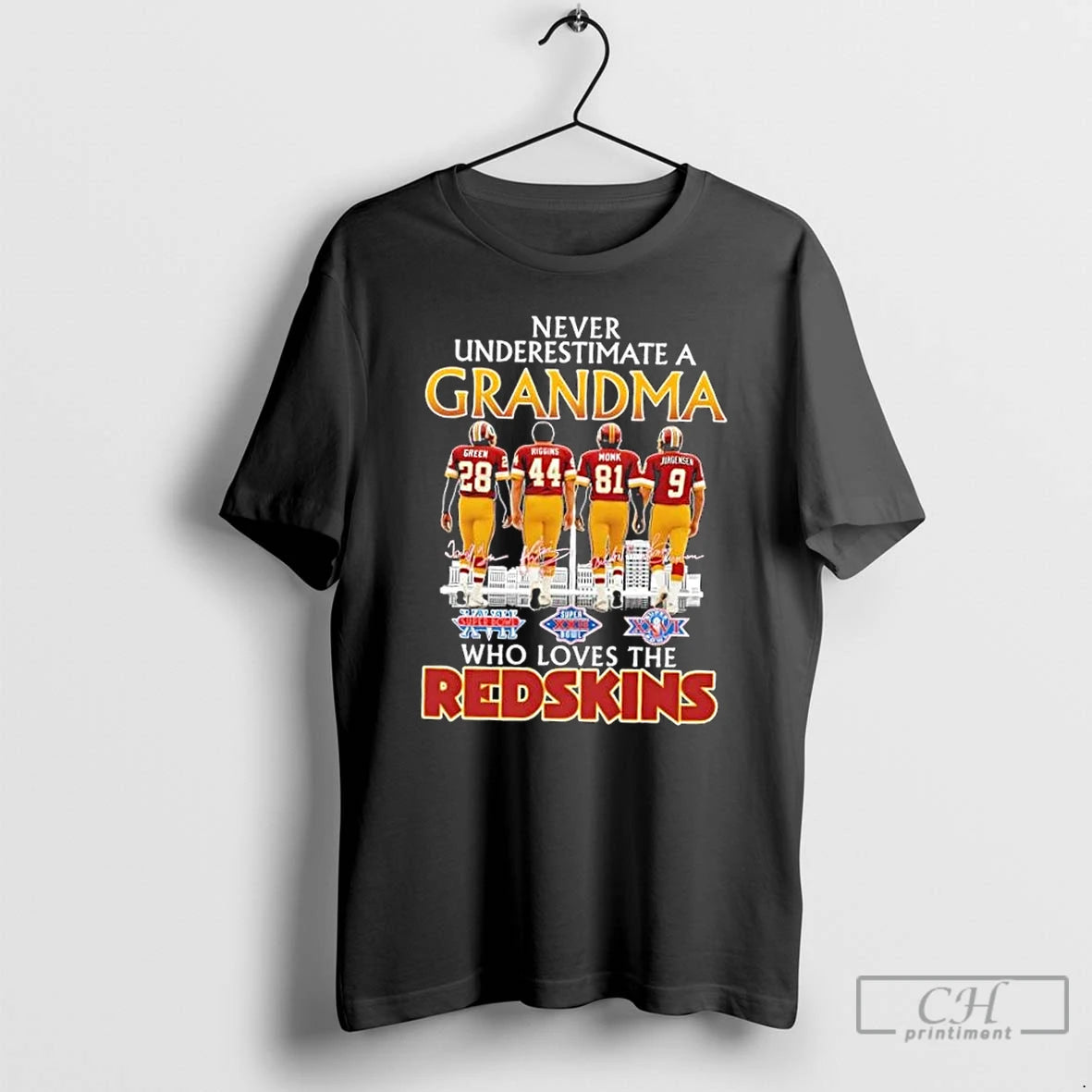 Classic Green Riggins Monk Jurgensen Never Underestimate A Grandma Who Loves The Washington Redskins Skyline T-Shirts,...