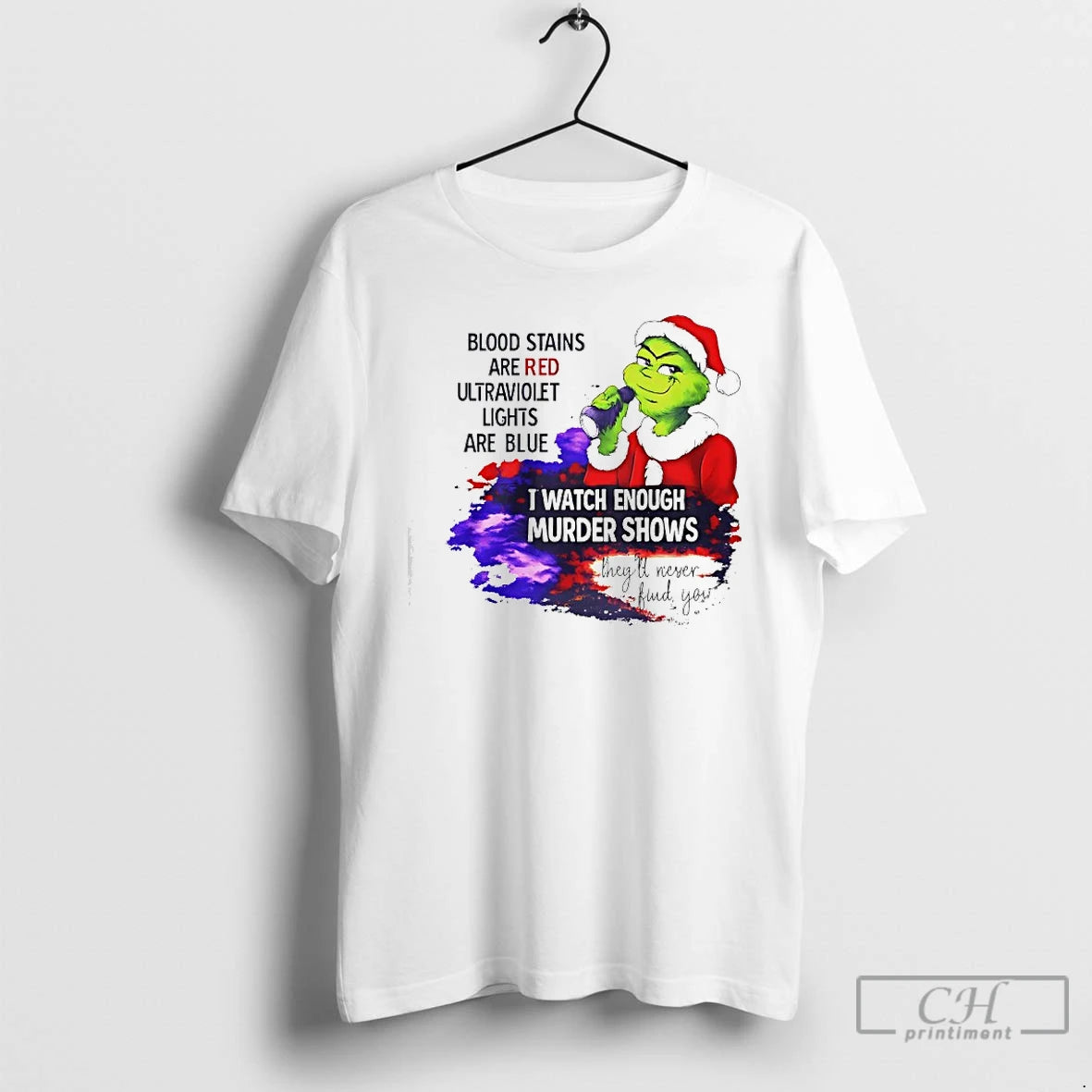 Classic Grinch Blood Stains Are Red Ultraviolet Light Are Blue I Watch Enough Murder Shows T-Shirts, Hoodie, Sweatshirt