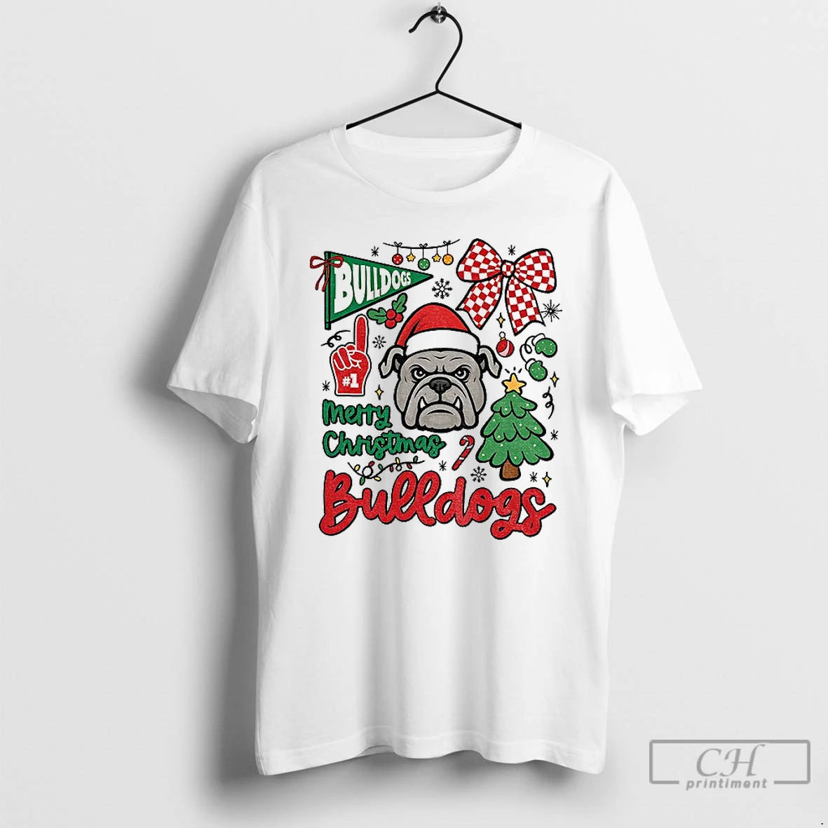 Classic Merry Christmas Georgia Bulldogs Game Day Mascot Festive Checkerboard Bow T-Shirts, Hoodie, Sweatshirt