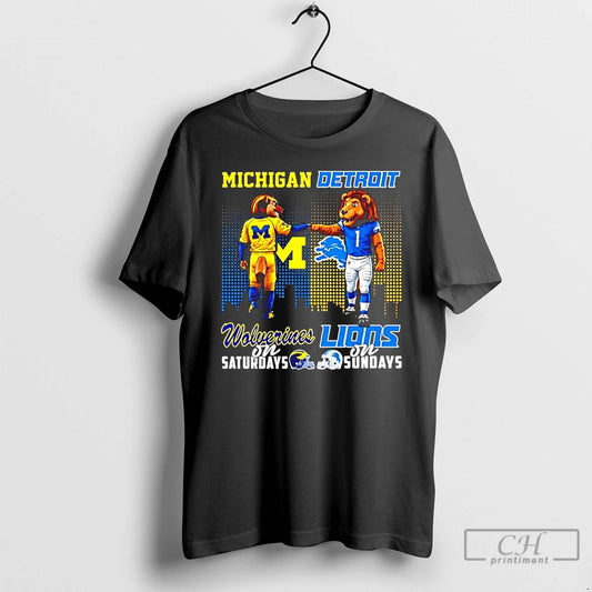 Classic Michigan Wolverines On Saturdays Vs Detroit Lions On Sundays Mascot Skyline T Shirts Sweater Hoodie, Sweatshirt