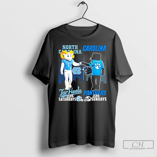 Classic North Carolina Tar Heels On Saturdays Vs Carolina Panthers On Sundays Mascot Skyline T-Shirts, Hoodie, Sweatshirt
