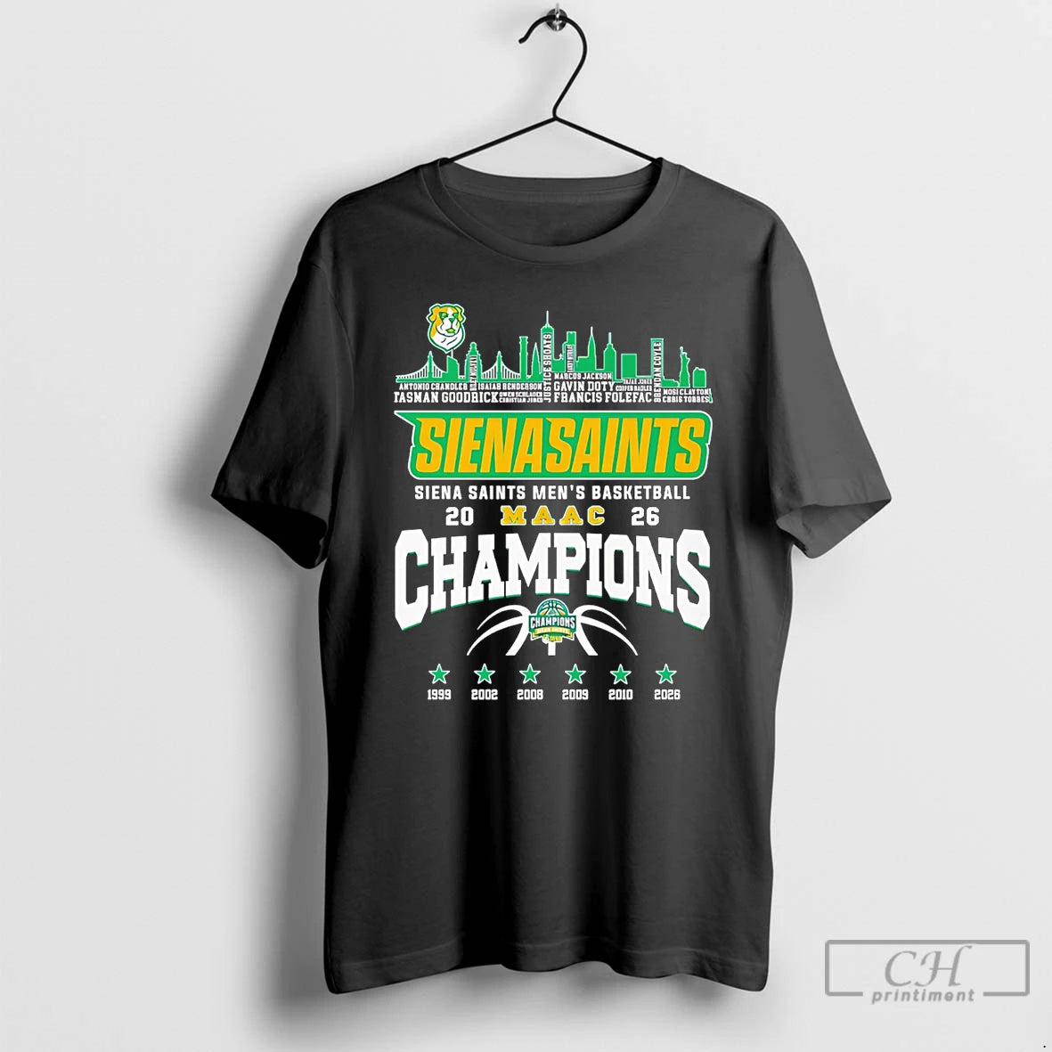 Classic Siena Saints Maac Mens Basketball Champions 2026 Player Name City Skyline T Shirts Sweater