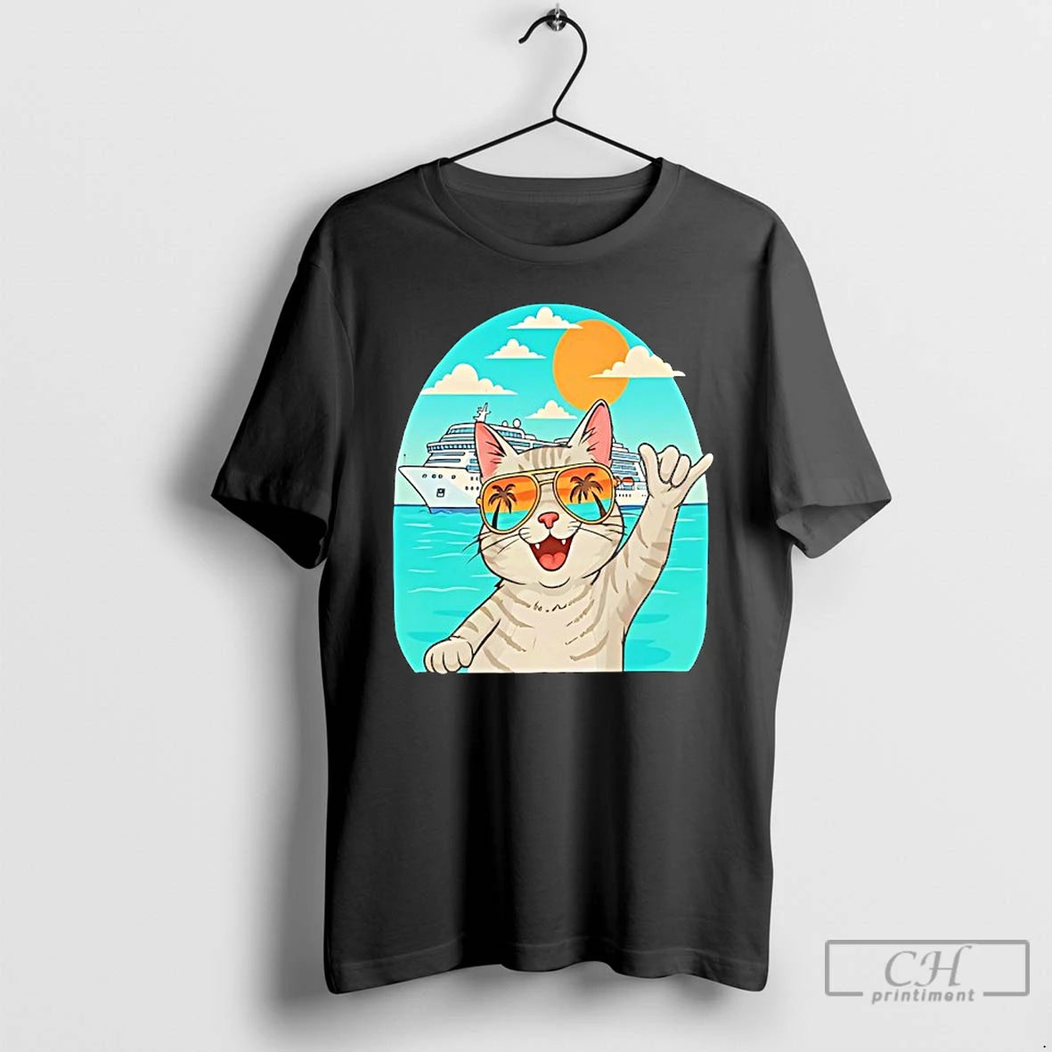 Classic Tabby Cat Wearing Sunglasses Behind Yacht Holiday Funny T-Shirts, Hoodie, Sweatshirt | WearSparks.com